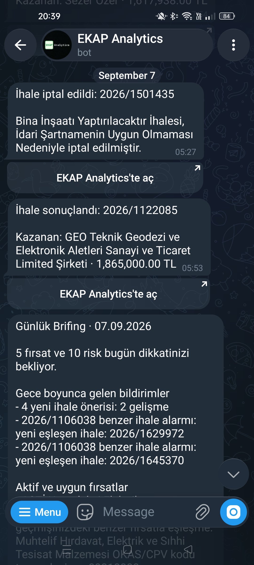 EKAP Analytics Telegram botunda ihale iptal, sonuç, benzer ihale alarmı ve günlük brifing bildirimleri